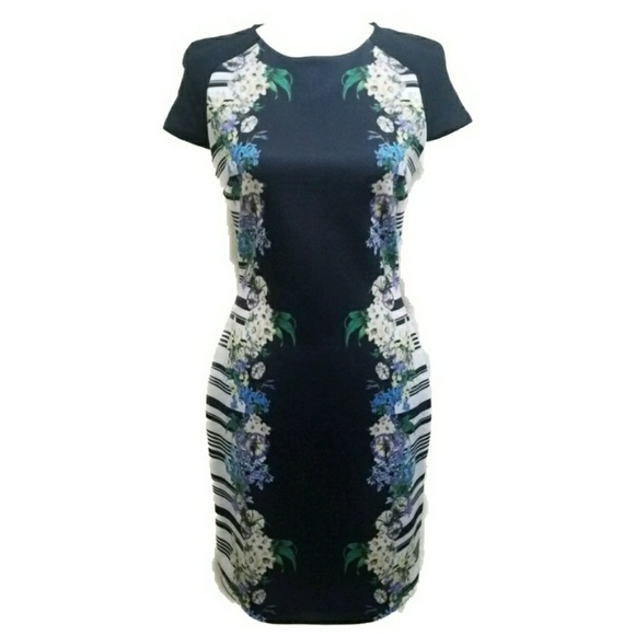 bebe Dresses & Skirts - Bebe Floral Color Block Black Scuba Mini Dress Med